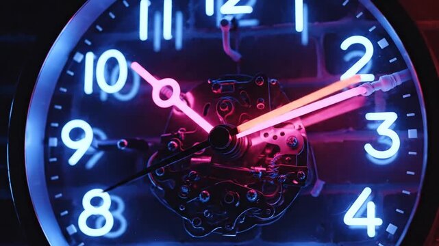Vintage steampunk wall clock with glowing neon hands and gears against dark brick background