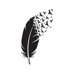 Obraz premium Black Feather Transforming into Flying Birds Silhouette Tattoo Design Vector 