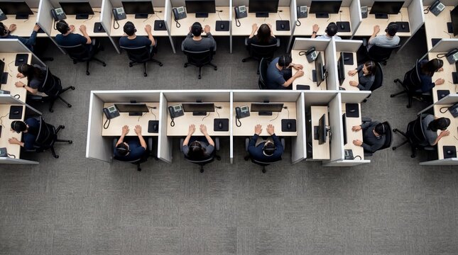 customer service environment, aerial view of a call center featuring headsets and hands at work