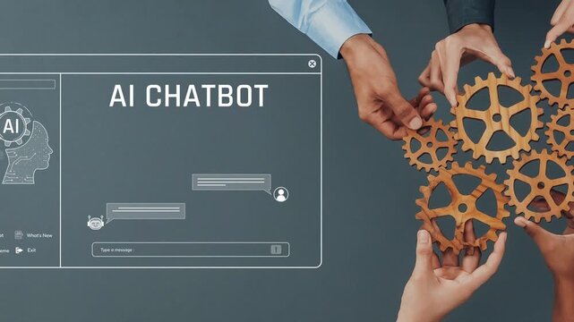 This image features hands collaborating over design elements of an AI chatbot interface, showcasing the intersection of technology and human interaction in digital communication. Raster