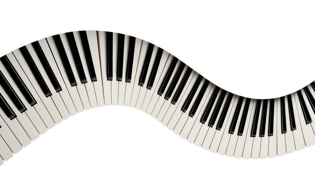 Wavy piano keyboard with black and white keys, isolated on transparent background