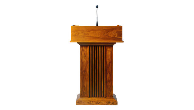 Polished wooden podium with microphone, isolated on transparent background