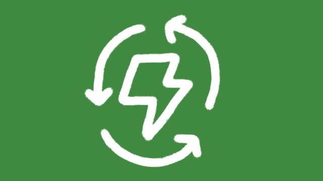 Renewable energy recycle loop hand-drawn cartoon graphic with chalk outline eco power flash icon isolated on green screen background for sustainable electricity generation line art element concept.