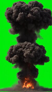 Dramatic mushroom cloud explosion animation with billowing dark smoke and bright flames