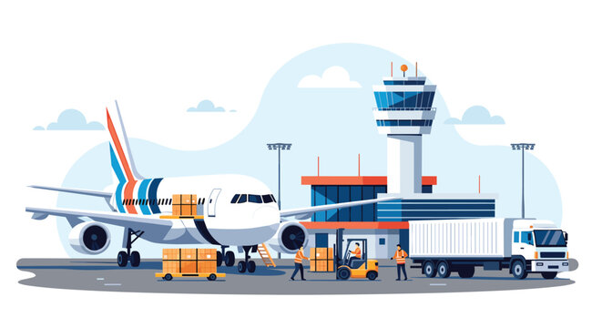 Busy cargo terminal at an airport with a large plane being loaded with boxes by workers and a forklift near a control tower and a truck.