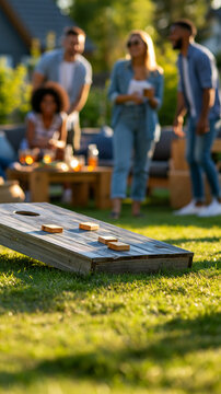 Diverse friends playing a cornhole lawn game at a Fourth of July cookout in a sunny backyard, laughing and enjoying summer leisure and outdoor games, faceless, faces not clearly
