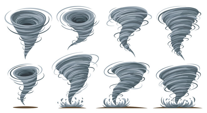 Set of various tornado and whirlwind illustrations showing different stages and intensities of swirling wind on a white background.
