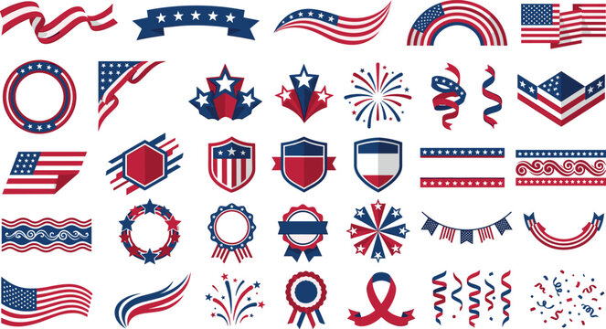 Patriotic American Flag Ribbon and Badge Vector Set with Fourth of July Bunting Shields Fireworks Borders and Independence Day Celebration Elements
