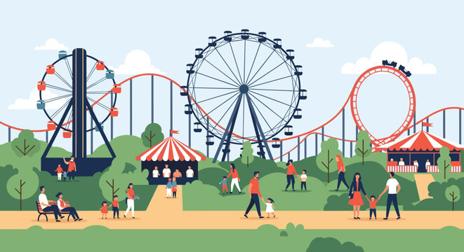 Families and tourists enjoying sunny day at colorful amusement park featuring large ferris wheel, rollercoaster, and game tents.