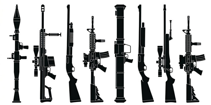 Military weapons silhouettes set with sniper rifles shotguns and grenade launchers flat vector illustration