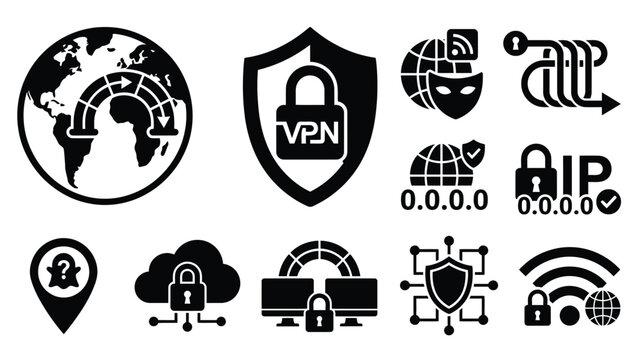Solid flat icons representing global vpn services and web security.