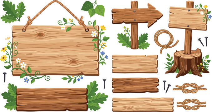 Rustic Wooden Signboard Vector Illustration Set with Hanging Boards Arrow Pointer Tree Stump Ropes Nails and Wildflowers for Nature Banner Graphics