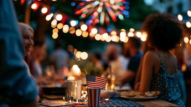 Diverse neighbors enjoying a summer backyard barbecue party with patriotic Fourth of July decorations and colorful fireworks at night, community celebration concept, faceless,
