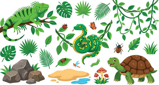 Tropical Rainforest Reptiles and Jungle Animals Vector Set with Green Iguana Python Snake Turtle Monstera Palm Leaves Vines and Beetle Insects