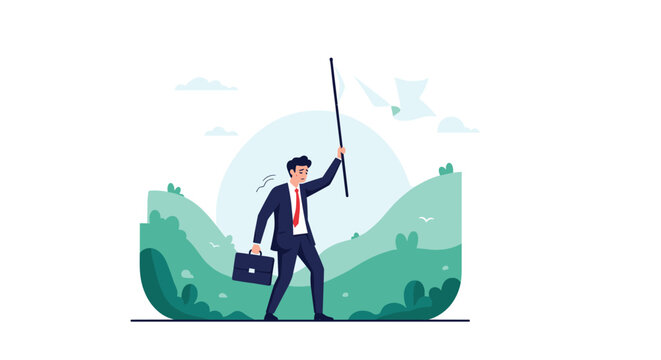 Businessman in a suit walking uphill with a tired expression while carrying a briefcase and a long black pole in a landscape.
