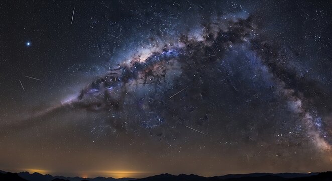 Starlit sky with milky way and meteor shower above dark mountains