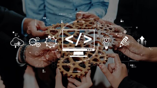 A captivating image showing hands engaged in a collaborative technology project, with a computer screen displaying code and unique graphic elements illustrating innovation. Raster