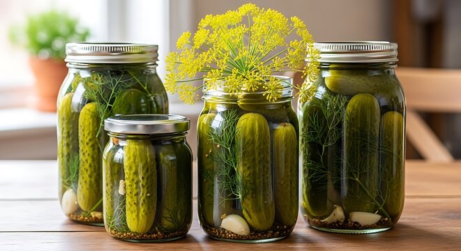 Homemade pickled cucumbers in glass jars with dill and garlic