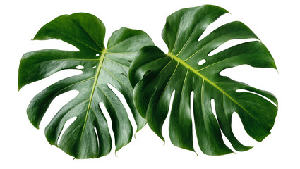 Two large green monstera leaves with natural holes, isolated on transparent background © Aliona