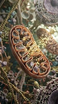 Mitochondrion, an essential cellular organelle, actively generating vital energy molecules through a complex biological process.