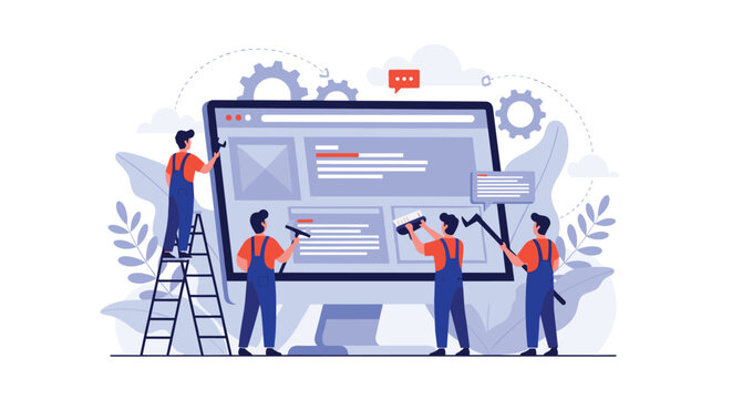 Team of software developers and designers working together to build a website interface on a large computer monitor with gears.