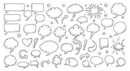 Fototapeta premium Comprehensive collection of hand drawn speech bubbles, arrows, and symbols for creative design and communication purposes.
