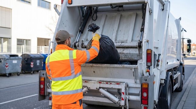&Eacute;boueur professionnel en tenue haute visibilit&eacute; jetant un sac poubelle noir dans un camion-poubelle, gestion des d&eacute;chets urbains.