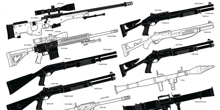 Military weapons blueprint silhouettes with sniper rifles shotguns and grenade launchers vector illustration