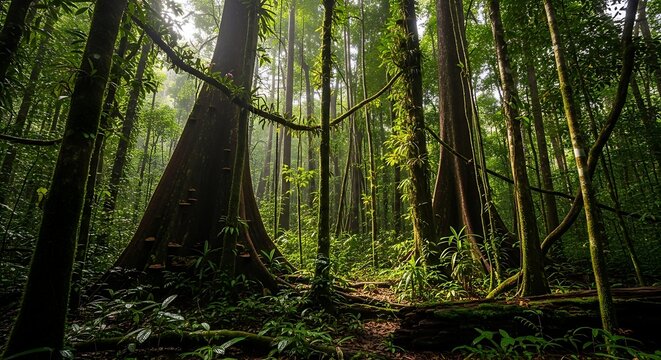 Lush tropical rainforest with massive ancient trees and hanging vines