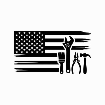 A flag-like design integrates tools such as a wrench, paintbrush, pliers, and hammer.