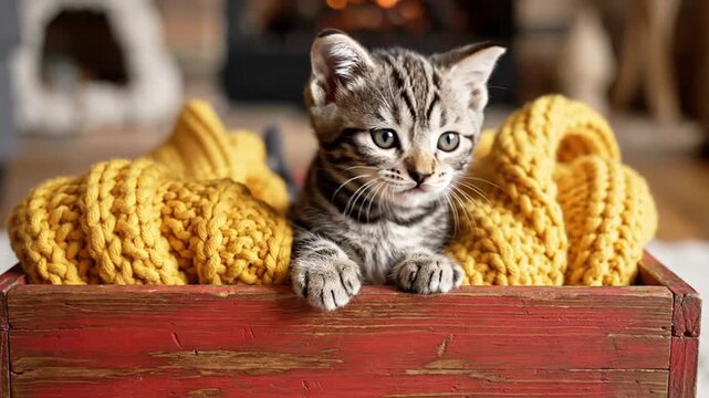 Adorable tabby kitten resting in a rustic red wooden box with a yellow knitted blanket