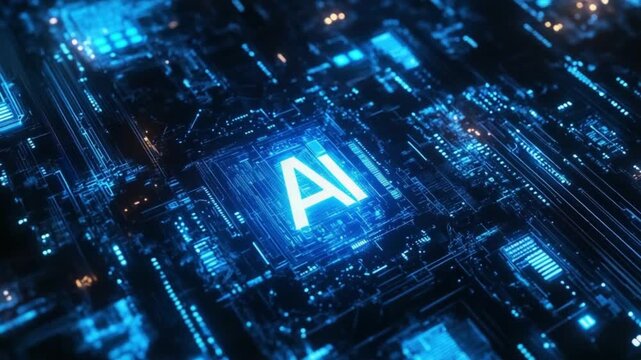 Close-up view of illuminated blue circuit board with glowing AI symbol