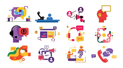 Fototapeta premium Various stylized icons depicting customer support agents and communication processes.