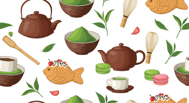 Seamless pattern design for green tea lovers featuring matcha bowls teapots bamboo whisks and fresh green leaves.
