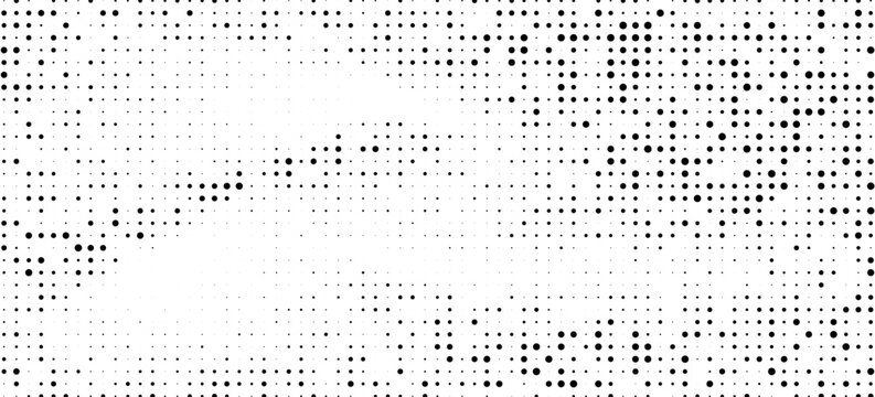 Halftone faded gradient texture, black dot clusters with subtle spacing variations, smooth tonal fade, contemporary geometric background.