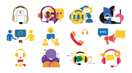 Fototapeta premium Customer service icons collection with people, headphones and communication symbols.