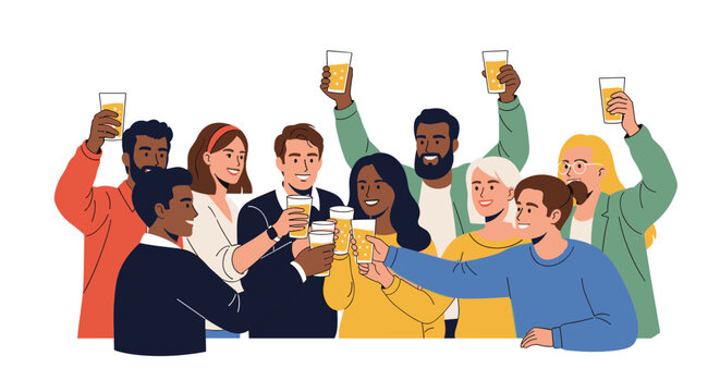 Happy group of diverse young friends raising their glasses in a toast during a festive celebration or party.