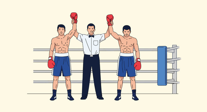 Professional boxing referee standing in the ring raising the arms of two male boxers after a competitive match.