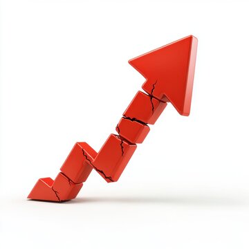 Red arrow graph pointing upwards showing progress and success with cracks symbolizing challenges.