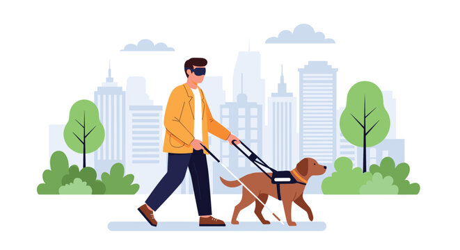 Blind man wearing dark glasses and using a white cane while walking with his faithful guide dog in a sunny city park.