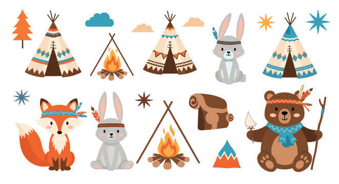 Collection of cute Native American themed animals including a bear, fox, and rabbit with teepees and campfires.