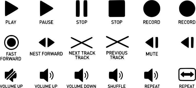 Media Player icon set, Buttons multimedia interface, Music, audio, stop, Play, pause, record and more, Vector illustration
