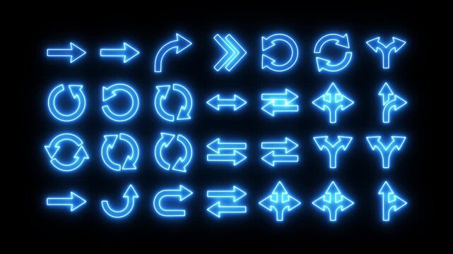 Glowing neon arrow icon set, arrow cursor collection, different arrow signs, glowing neon arrows icons.
