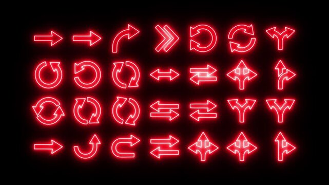 Glowing neon arrow icon set, arrow cursor collection, different arrow signs, glowing neon arrows icons.