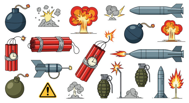 Large collection of various dangerous explosives including bombs, dynamite, grenades, missiles, and explosion effects.