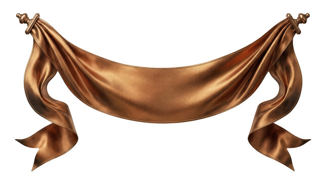 Elegant bronze silk ribbon banner draped between two decorative finials isolated on transparent background