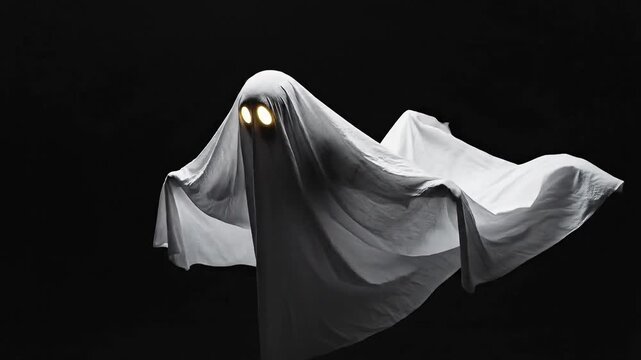 Spooky white ghost with glowing eyes floating in the dark, perfect for Halloween.