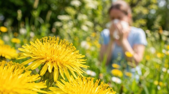 Close-up of yellow dandelion flowers in sunny meadow with blurred woman sneezing into tissue on background, seasonal pollen allergy concept
