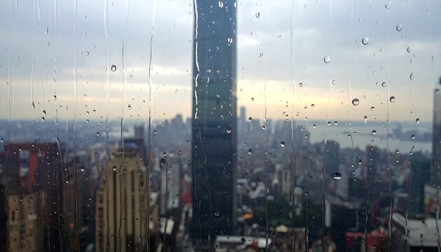 A blurry cityscape view through a rainy window with a tall building