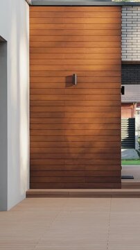 Vertical video. Outdoor wall of modern residential building with timber cladding and warm lights.